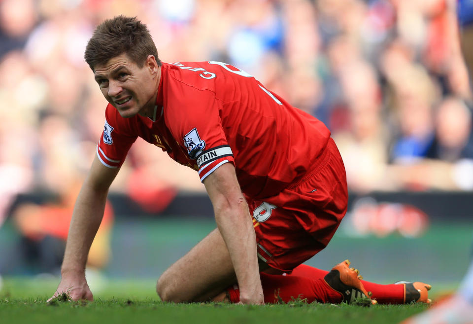 Liverpool captain Steven Gerrard looks dejected during the Barclays Premier League match between Liverpool and Chelsea at Anfield on April 27, 2014.