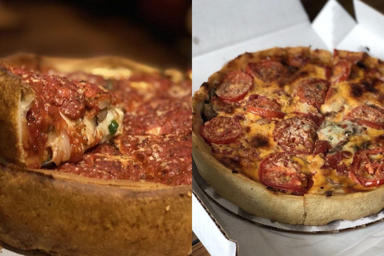 Deep-dish pizza from Giordano's and. Lou Malnati's