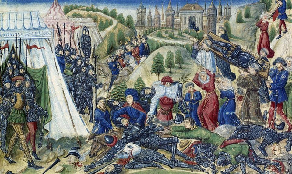 An 18th-century illustration of the Battle of Hastings, which initiated the Norman Conquest of England in 1066. <a href="https://www.gettyimages.com/detail/news-photo/the-battle-of-hastings-found-in-the-collection-of-british-news-photo/520722235?adppopup=true" rel="nofollow noopener" target="_blank" data-ylk="slk:Heritage Images/Hulton Fine Art Collection via Getty Images;elm:context_link;itc:0;sec:content-canvas" class="link ">Heritage Images/Hulton Fine Art Collection via Getty Images</a>