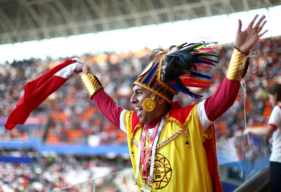 <p>A Peru fan enjoys the pre match atmosphere prior to the 2018 FIFA World Cup Russia group C match between Peru and Denmark at Mordovia Arena on June 16, 2018 in Saransk, Russia. (Photo by Jan Kruger/Getty Images) </p>