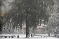 Snow falls on the Public Garden, Friday, Oct. 30, 2020, in Boston. (AP Photo/Michael Dwyer)