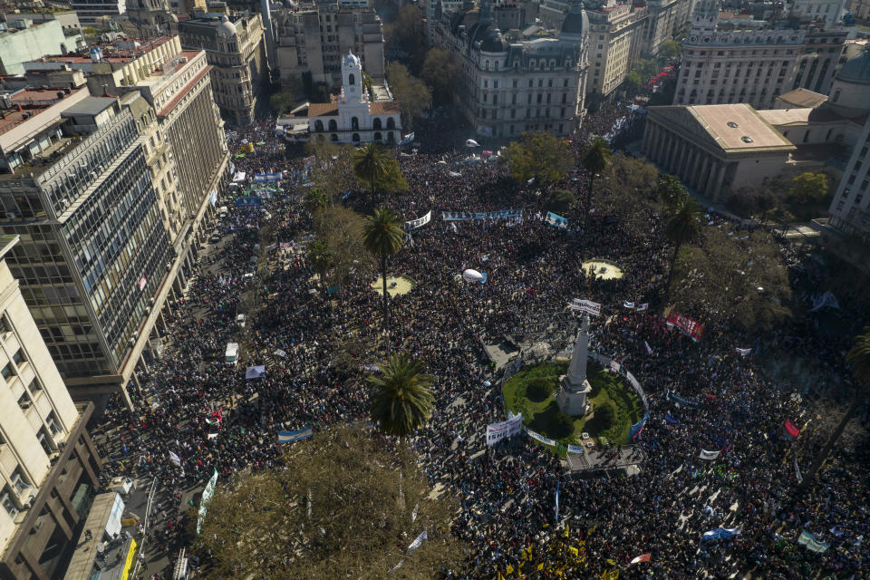 FILE - Supporters of Argentine Vice President Cristina Fernandez gather in Plaza de Mayo square the day after a person pointed a gun at her outside her home in Buenos Aires, Argentina, Friday, Sept. 2, 2022. (AP Photo/Rodrigo Abd, File)