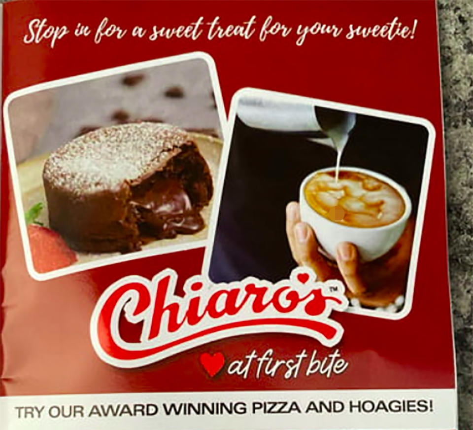 An advertisement for Chiaro's cafe and pizza shop is pictured.