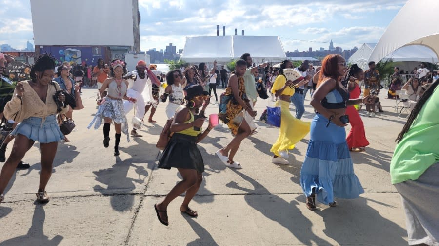 Attendees of Afropunk Brooklyn dancing the Electric Slide to Cameo’s “Candy” during Afropunk Brooklyn: Circus of Soul on Aug. 26, 2023, at Greenpoint Terminal Market in Brooklyn. (Photo by Matthew Allen)