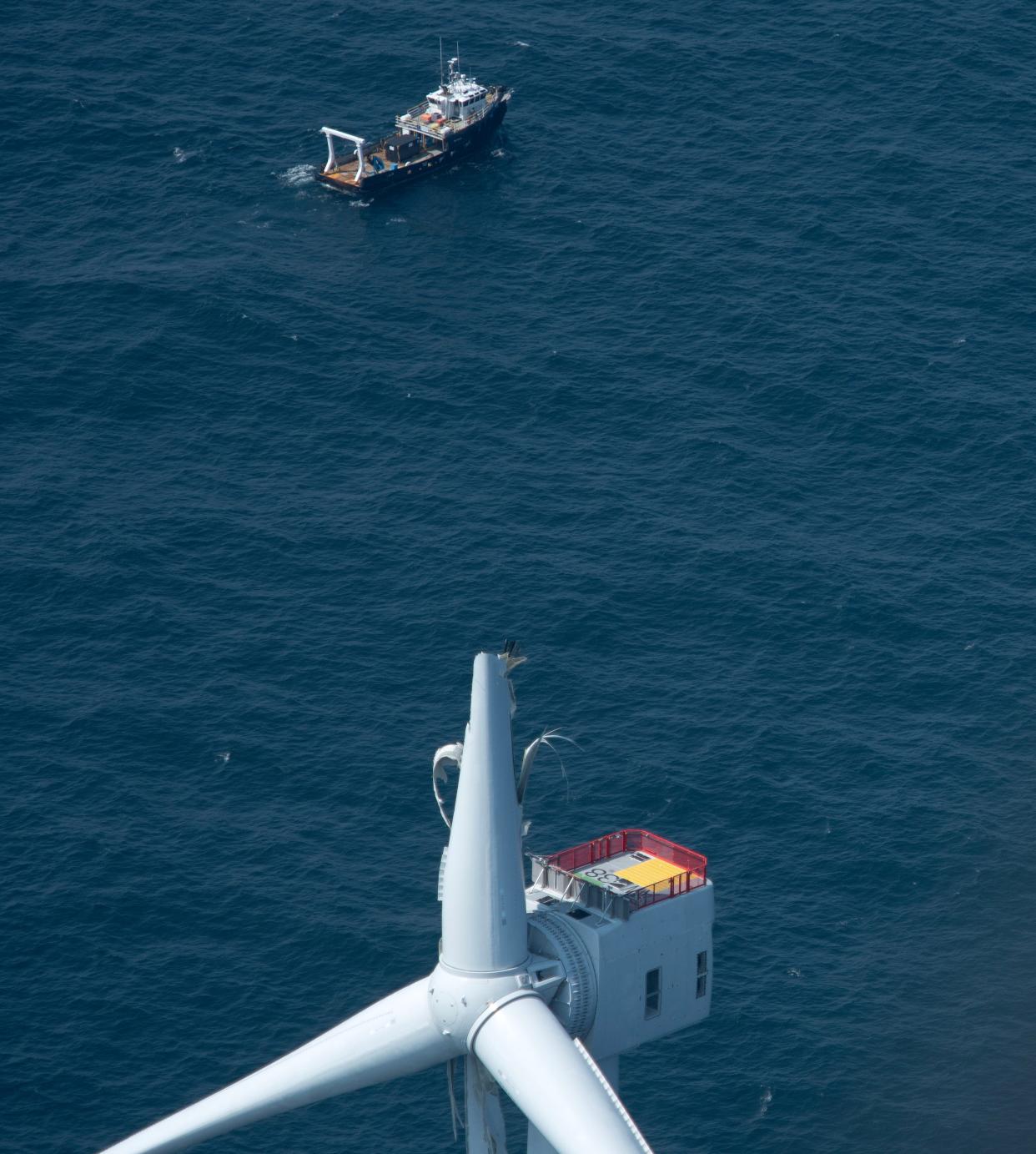 Vineyard Wind's turbine AW-38 at the far south west section of the offshore wind farm, 22 miles south of Martha's Vineyard. One of the turbine's blades failed last month, splintering into pieces and sending debris into the sea that has washed up on both Nantucket and Martha's Vineyard beaches. The federal Bureau of Safety and Environmental Enforcement has given the go-ahead for the company to resume limited work on the towers but installing blades remains prohibited.