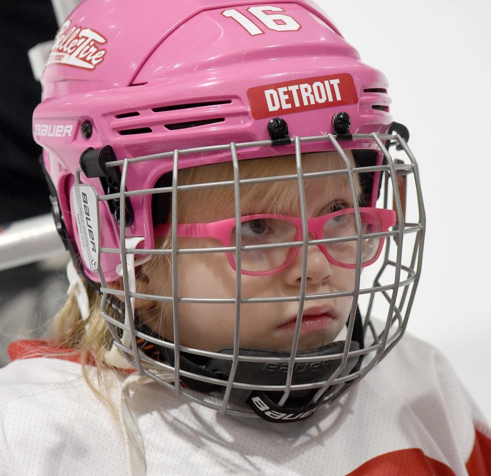 Callie Higdon-Hamilton, 7, of Monroe on the novice Belle Tire Sled Hockey team.