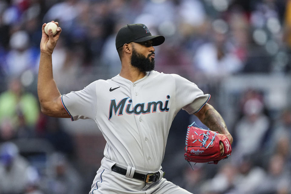 Miami Marlins starting pitcher Sandy Alcantara works against the Atlanta Braves during the second inning of a baseball game Wednesday, April 26, 2023, in Atlanta. (AP Photo/John Bazemore)
