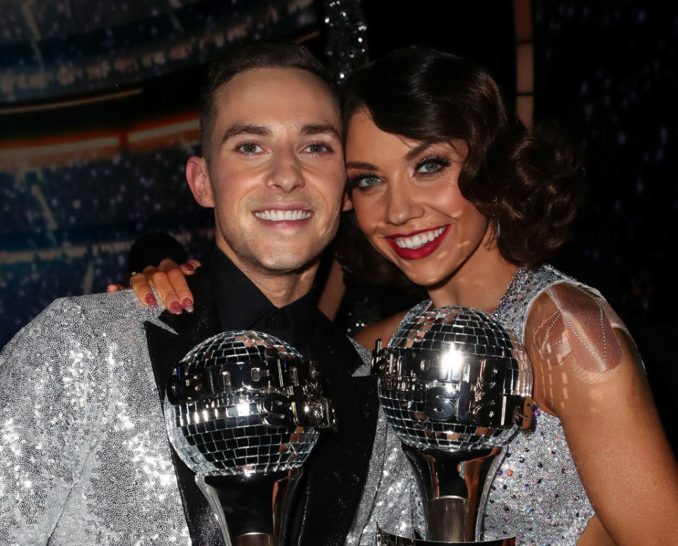 Adam Rippon and Jenna Johnson pose after winning the <em>Dancing With the Stars: Athletes</em> Season 26 finale on May 21 in Los Angeles. (Photo: Getty Images)