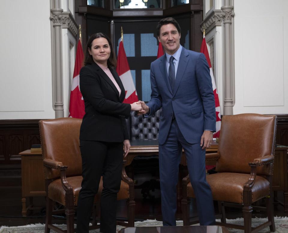 Prime Minister Justin Trudeau meets with the opposition leader of Belarus, Sviatlana Tsikhanouskaya, on Parliament Hill, in November 2022. THE CANADIAN PRESS/Adrian Wyld