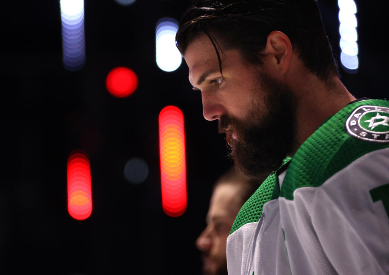 EDMONTON, ALBERTA - SEPTEMBER 14: Jamie Benn #14 of the Dallas Stars looks on during pre-game ceremonies before Game Five of the Western Conference Final of the 2020 NHL Stanley Cup Playoffs between the Dallas Stars and the Vegas Golden Knights at Rogers Place on September 14, 2020 in Edmonton, Alberta. (Photo by Dave Sandford/NHLI via Getty Images)