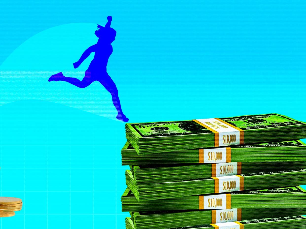 silhouette of a woman leaping from a pile of coins to a stack of 100 dollar bills against a blue background with screen lines