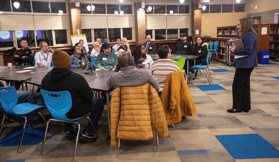 Mary-Margaret Zehr, superintendent of the Carmel Central School District, leads a forum at Carmel High School March 1, 2023 after several high school students produced a a series of TikTok videos with racist language and threats of gun violence. Parents, school administrators, and members of the Putnam County Sheriffs Department attended the forum.