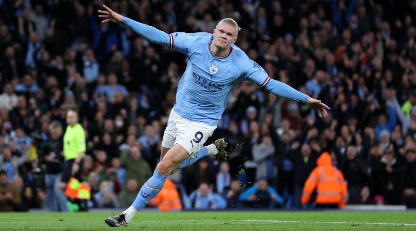   Erling Haaland celebrates after scoring for Manchester City against Burnley in the FA Cup in March 2023. 