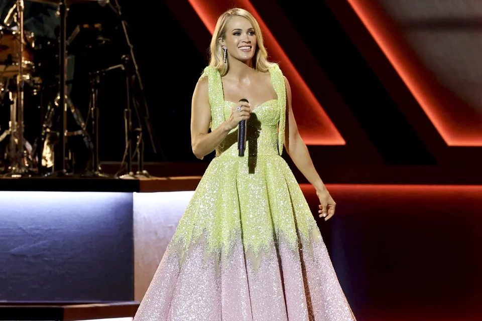 Carrie Underwood perform onstage at The 56th Annual CMA Awards at Bridgestone Arena on November 09, 2022 in Nashville, Tennessee