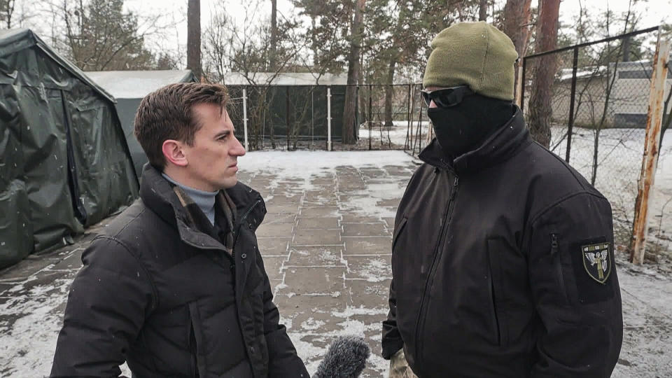 Former U.S. special forces soldier Nick Maimer speaks to NBC News' Raf Sanchez in Ukraine Feb. 2023. (NBC News)