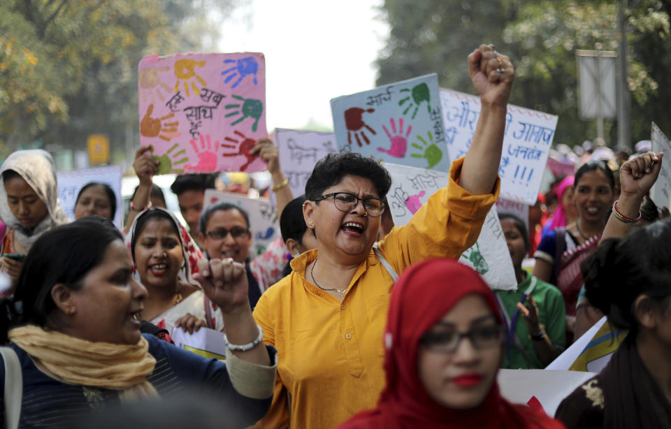 <p>Indian women shout slogans during a march to observe International Women’s Day in New Delhi, India, Thursday, March 8, 2018. Hundreds of women held street plays and marched in the Indian capital, highlighting domestic violence, sexual attacks, and discrimination in jobs and wages. Violent crime against women has been on the rise in India despite tough laws enacted by the government. (Photo: Manish Swarup/AP) </p>