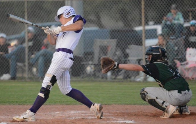 San Saba High School's Weston Oliver connects with a pitch in a District 29-2A baseball game against Harper in 2022.