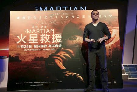 Actor Matt Damon poses for pictures during a news conference for the premiere of the film "The Martian" in Beijing, China, November 20, 2015. REUTERS/Stringer/Files