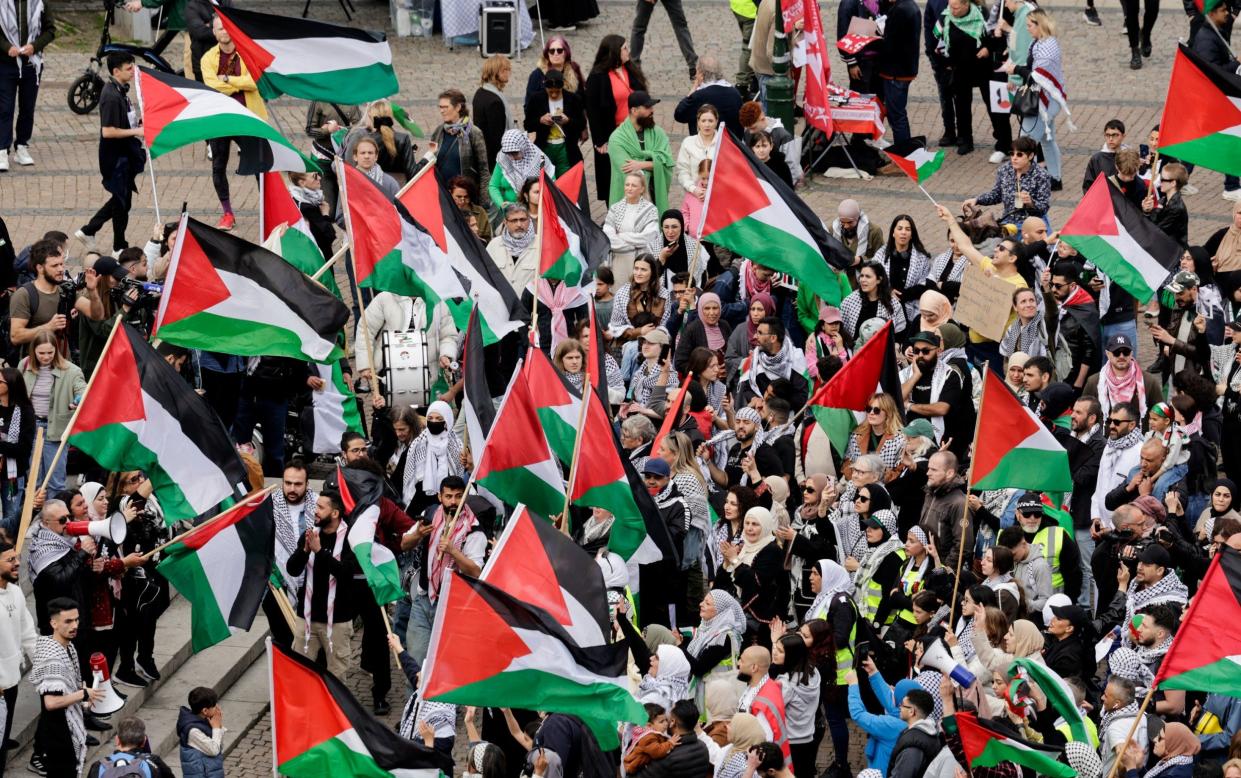 Pro-Palestinian demonstrators gathered in Malmo ahead of Thursday's Eurovision performance