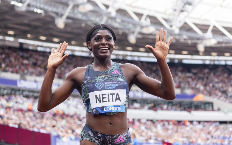 Daryll Neita of Team Great Britain following the women's 100m during the London Athletics Meet