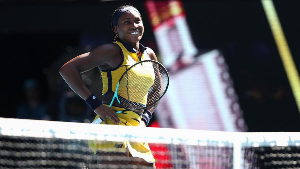 PHOTO: USA's Coco Gauff dances as she celebrates victory against Ukraine's Marta Kostyuk during their women's singles quarter-final match on day 10 of the Australian Open tennis tournament in Melbourne. Australia, Jan. 23, 2024. (Martin Keep/AFP via Getty Images)