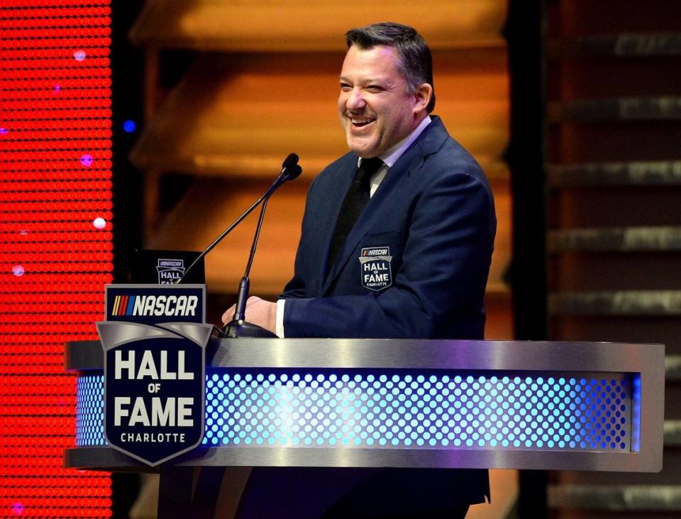 NASCAR Hall of Fame inductee Tony Stewart laughs with audience members during his NASCAR Hall of Fame induction speech on Friday, January 31, 2020 in Charlotte, NC.