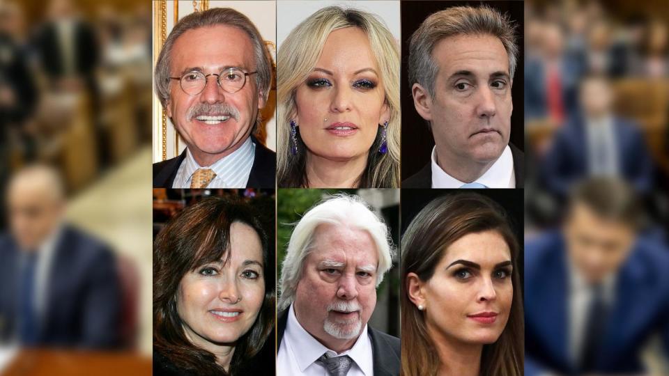 PHOTO: David Pecker, Stormy Daniels, Michael Cohen, Rhona Graff, Jeffrey McConney and Hope Hicks. (Getty Images)