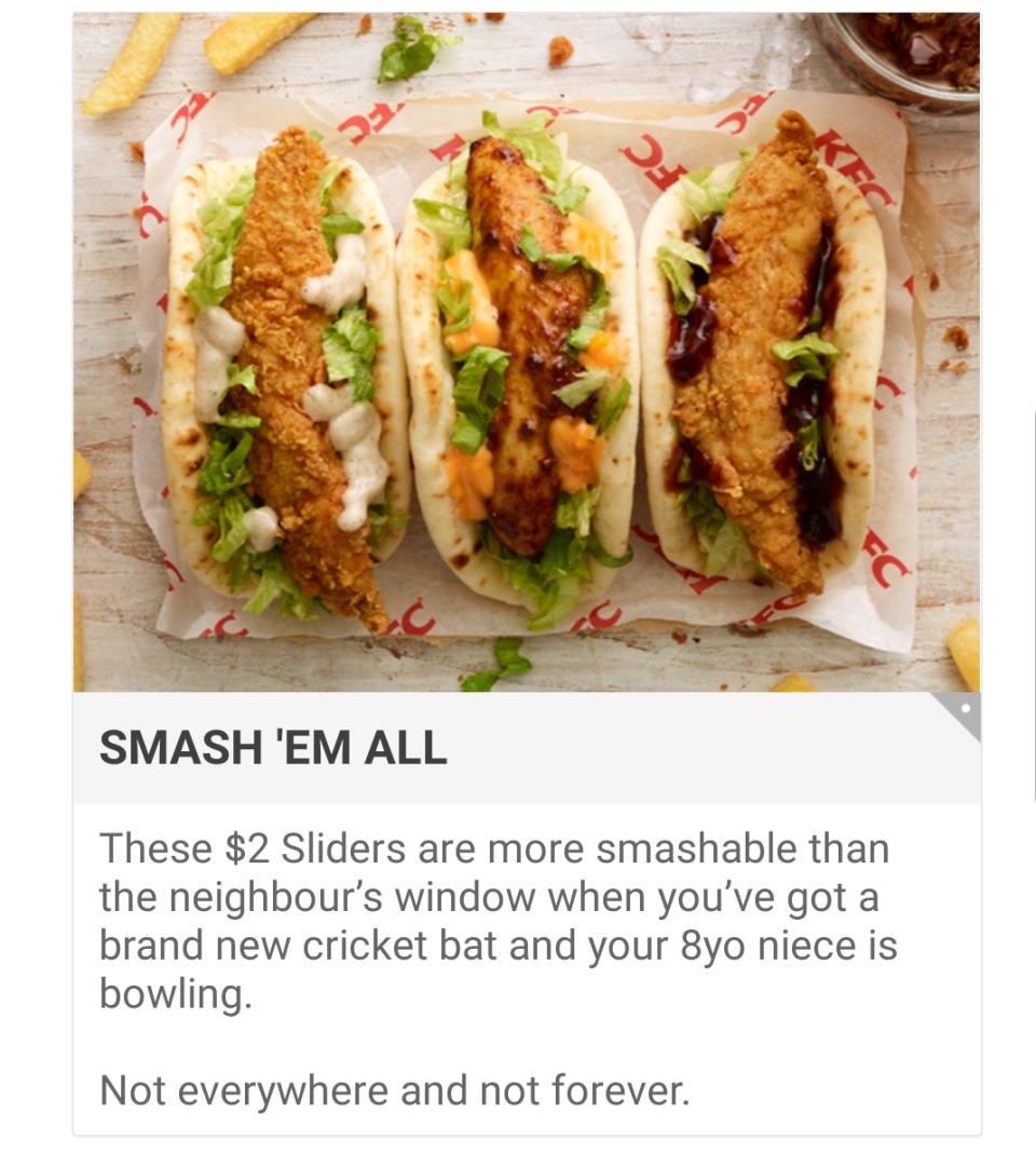 Sliders advertised on the KFC Australia app.