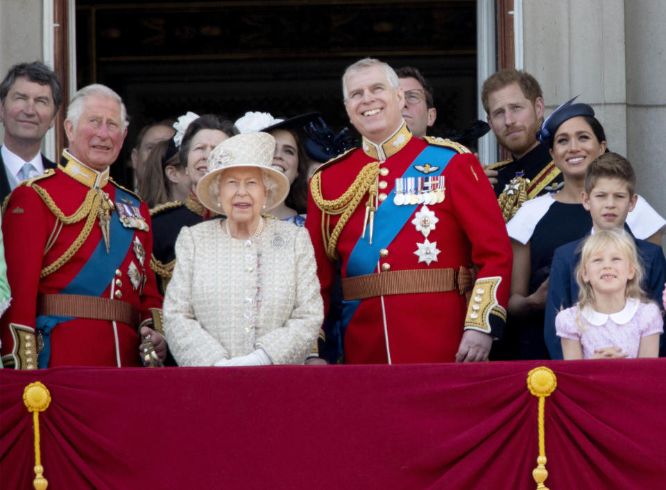  08-06-2019 England The ceremony of the Trooping the Colour, marking the monarch's official birthday, in London. Queen Elizabeth II Camilla, Duchess of Cornwall, Vice Admiral Timothy Laurence, Prince Charles, Prince of Wales Prince Andrew Britain's Princess Beatrice of York Britain's Princess Anne, Princess Royal, Queen Elizabeth II Princess Eugenie of York Lady Louise Windsor, Prince Andrew, Duke of York Prince Harry, Duke of Sussex, Meghan, Duchess of Sussex ( PPE/Nieboer /Sipa USA) 