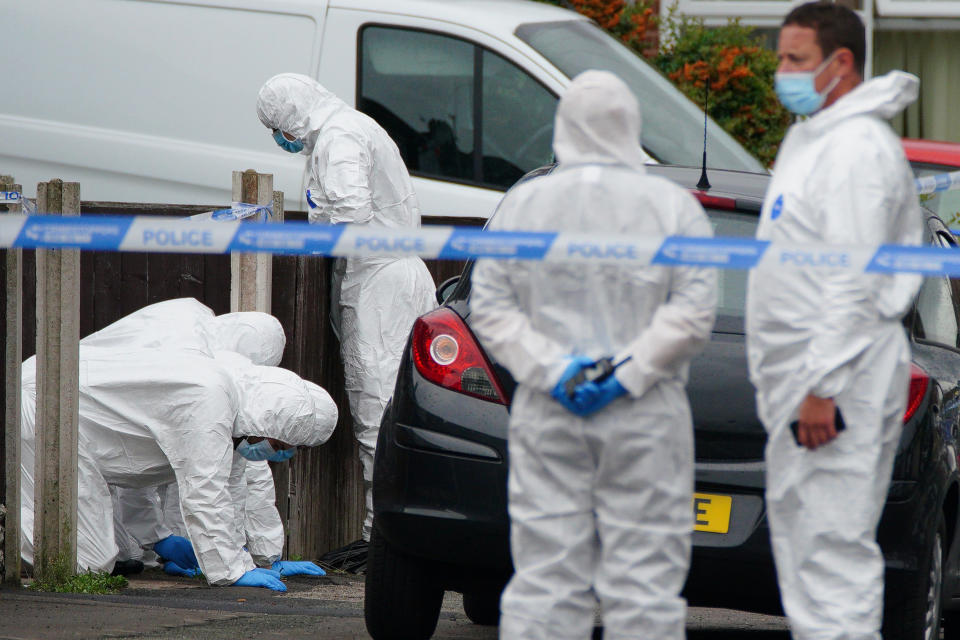 Forensics officers at the scene of an incident at a property in Kingsheath Avenue, Knotty Ash, Liverpool, where nine-year-old Olivia Pratt-Korbel was fatally shot on Monday night. The people of Liverpool have been urged to turn in the masked gunman who killed Olivia as he chased his intended target into her home. Picture date: Wednesday August 24, 2022.