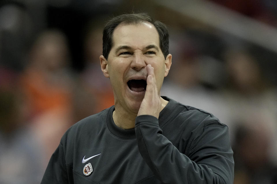 Baylor head coach Scott Drew talks to his players during the second half of an NCAA college basketball game against Iowa State in the second round of the Big 12 Conference tournament Thursday, March 9, 2023, in Kansas City, Mo. (AP Photo/Charlie Riedel)