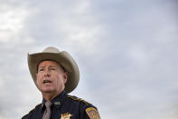 Chambers County Sheriff Brian Hawthorne gives an update on a plane crash in Trinity Bay during a news conference in Anahuac, Texas, Saturday, Feb. 23, 2019. A Boeing 767 cargo jetliner heading to Houston with a few people aboard disintegrated after crashing Saturday into the bay east of the city, according to a Texas sheriff. (Brett Coomer/Houston Chronicle via AP)