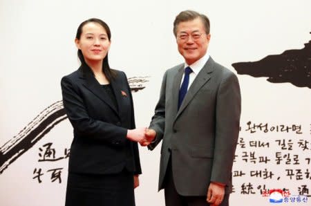 FILE PHOTO - South Korean President Moon Jae-in shakes hands with Kim Yo Jong, the sister of North Korea's leader Kim Jong Un, in Seoul, South Korea in this undated photo released by North Korea's Korean Central News Agency (KCNA) February 10, 2018. KCNA/via REUTERS