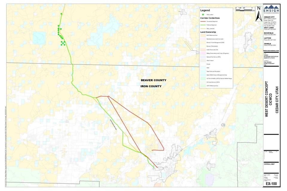 Map of the proposed Pine Valley Water Supply Project route through Beaver and Iron Counties