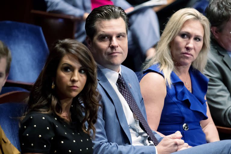 ARCHIVO - De izquierda a derecha, la representante republicana de Colorado Lauren Boebert; el representante republicano de Florida Matt Gaetz y la representante republicana de Georgia Marjorie Taylor Greene.  (Michaels Reynolds/Pool via AP, Archivo)