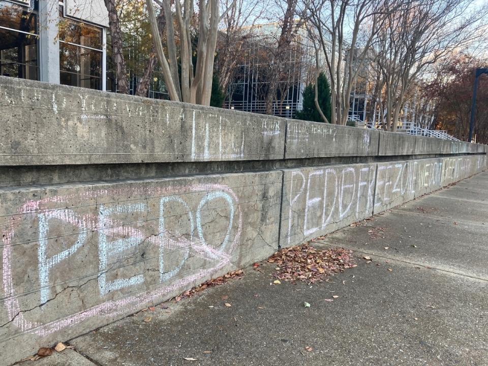 Anti-pedophilia graffiti is scrawled in chalk on the campus of Old Dominion University in Norfolk, Va.,, on Wednesday Nov. 24, 2021. An Old Dominion University professor announced that they will resign in the wake of threats made over their recently published book, which includes interviews of more than 40 adults who are sexually attracted to minors. The book argues that destigmatizing that attraction would allow more people to seek help and develop coping strategies against committing crimes and ultimately prevent child sexual abuse. Professor Allyn Walker said in a statement that their research "was mischaracterized by some in the media and online, partly on the basis of my trans identity." (AP Photo/Ben Finley)