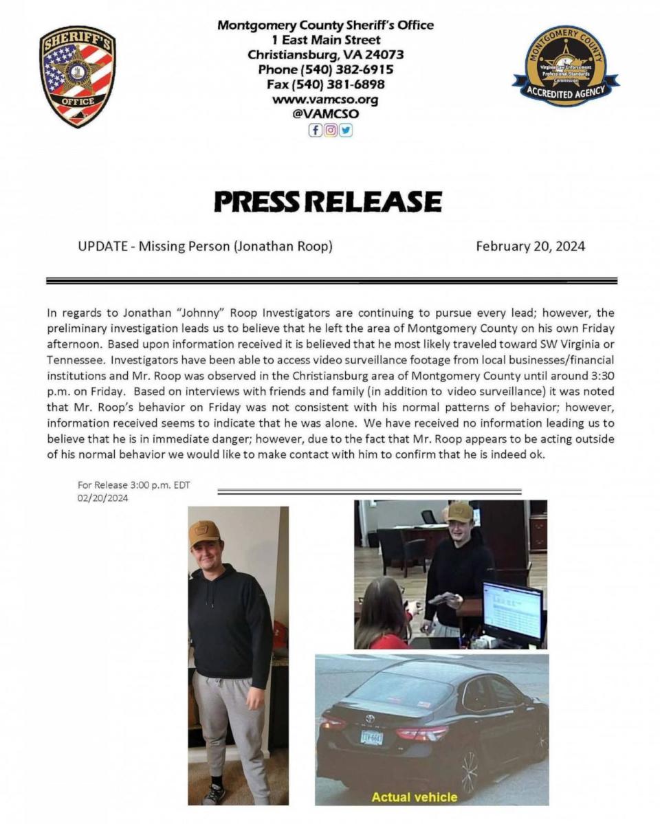 PHOTO: A press release of missing person Jonathan 'Johnny' Roop. (Montgomery County Sheriff's Office)