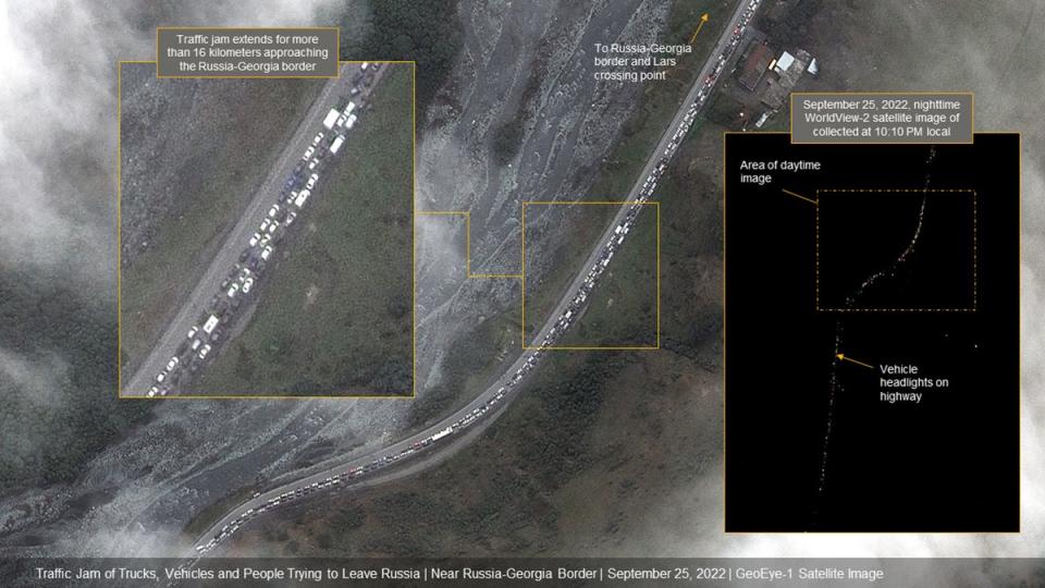 The traffic jam sparked by people trying to flee Russia could be seen from space (Satellite image/2022 Maxar Technologies)
