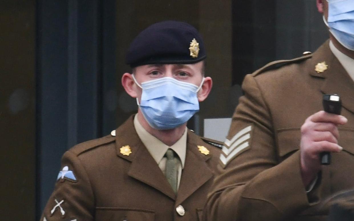 Corporal Daniel Conway at Bulford Military Court. A British Army corporal who raped a colleague after celebrating her promotion and then telling her "trust me you're fine, I was wearing a condom" - Solent News