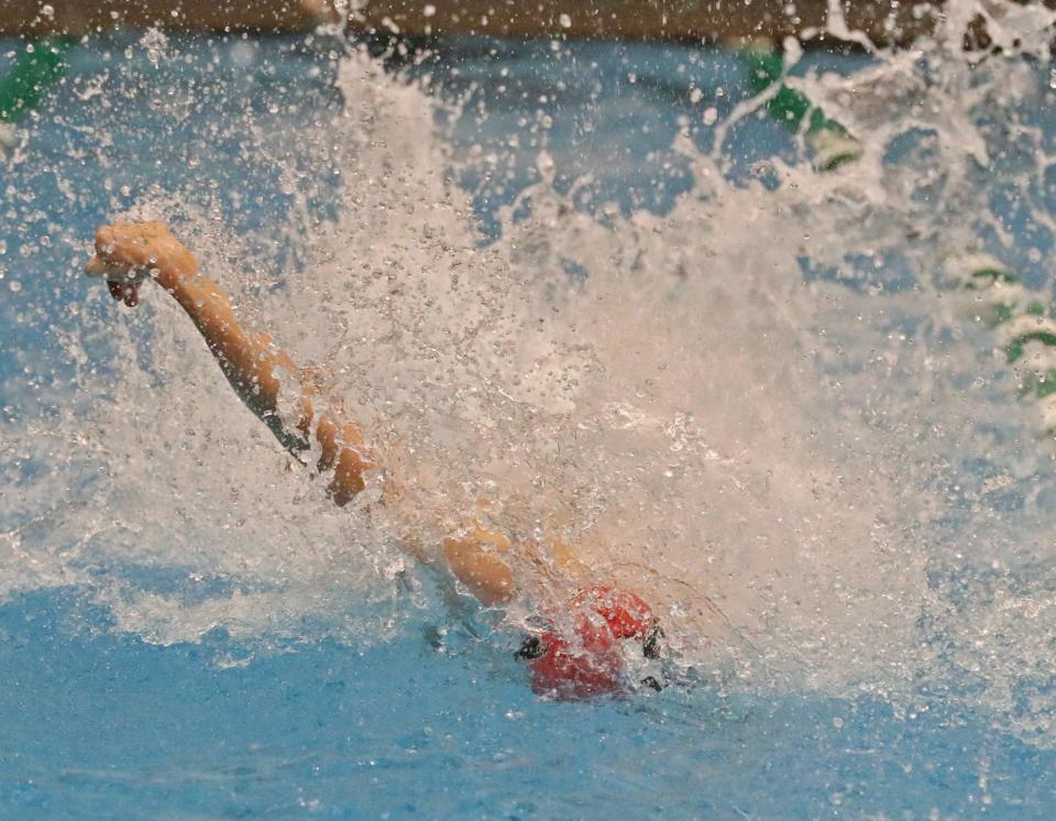 Kent Roosevelt's Jack Puhalla swims the freestyle leg of the boys 200 medley at the 2024 district meet.