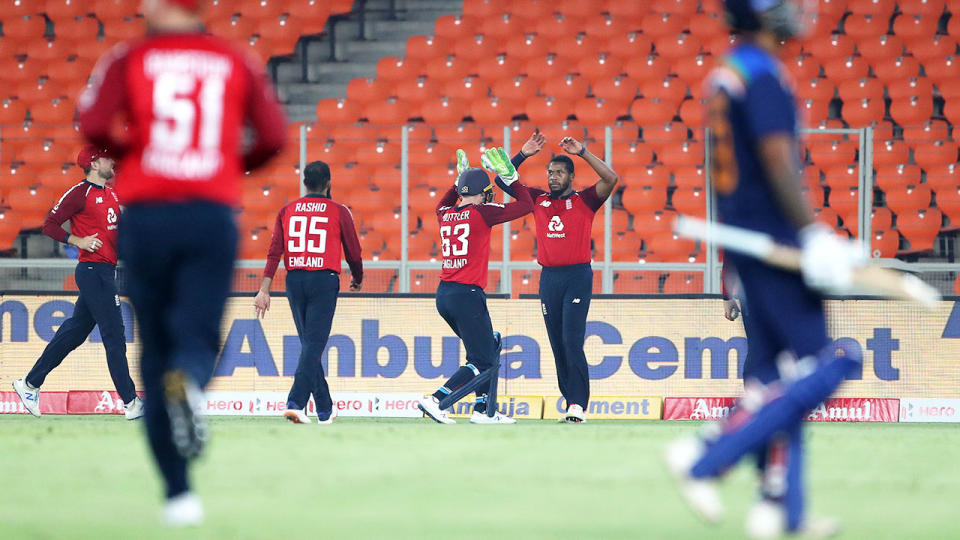 Chris Jordan, pictured here celebrating the wicket of Suryakumar Yadav.