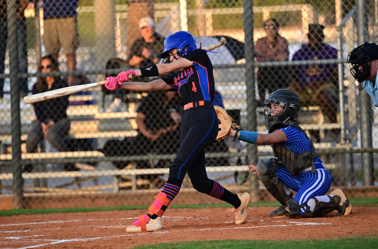 Palm Beach Garden's Madison Quinn waits for the perfect pitch and swings during a game against Park Vista on April 24, 2024.