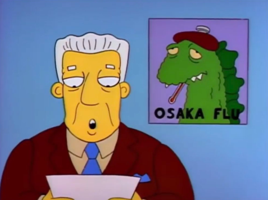 The Simpsons episode features the Osaka flu, which originated in Japan, with people drawing similarities between the fictional virus and the real-life coronavirus. Source: The Simpsons