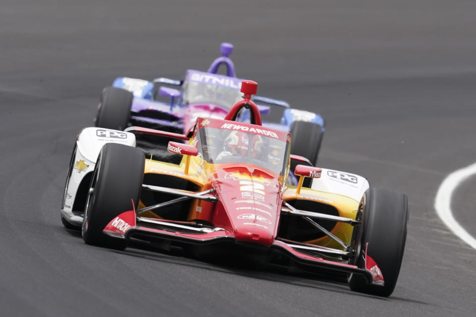 Josef Newgarden (2) competes during the Indianapolis 500 auto race at Indianapolis Motor Speedway, Sunday, May 28, 2023, in Indianapolis. (AP Photo/Darron Cummings)