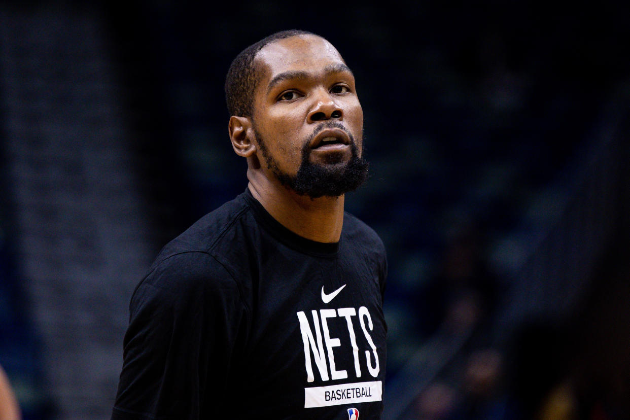 Jan 6, 2023; New Orleans, Louisiana, USA; Brooklyn Nets forward Kevin Durant (7) during warm ups before the game against the New Orleans Pelicans at Smoothie King Center. Mandatory Credit: Stephen Lew-USA TODAY Sports