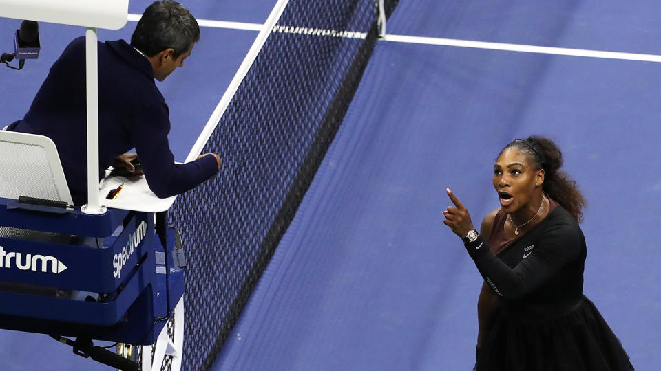 Serena Williams argues with umpire Carlos Ramos during her Women’s Singles finals match against Naomi Osaka. (Photo by Jaime Lawson/Getty Images for USTA)