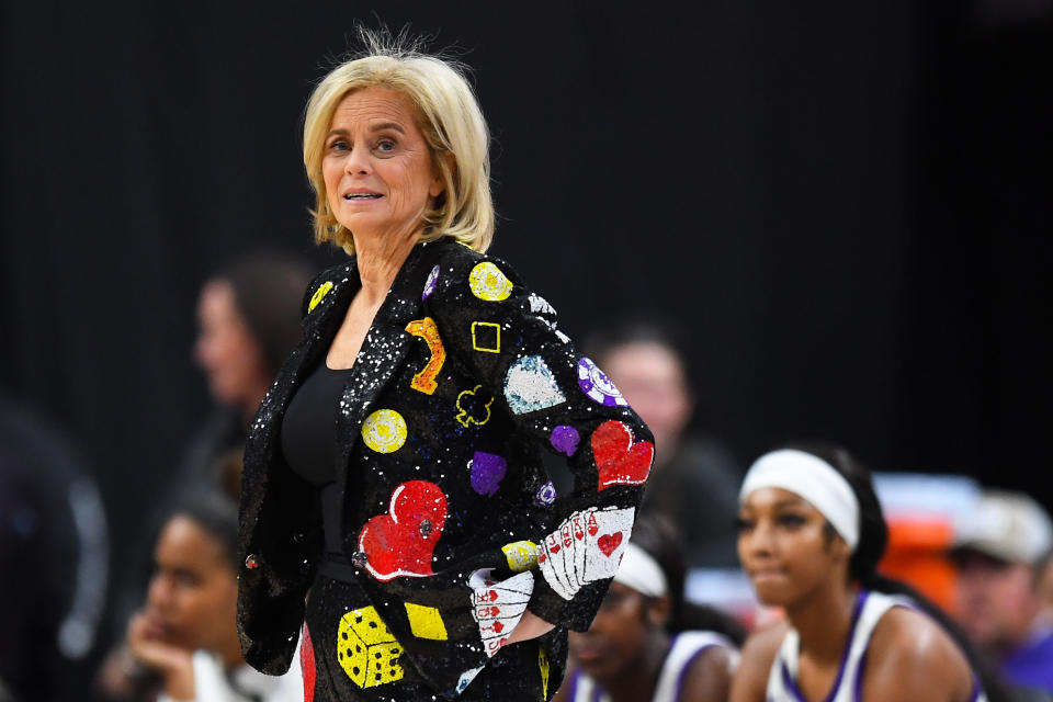 LSU head coach Kim Mulkey looks on as the top-ranked Tigers fall to Colorado in the season's first game on Nov. 6, 2023 at T-Mobile Arena in Las Vegas. (Photo by Brian Rothmuller/Icon Sportswire via Getty Images)