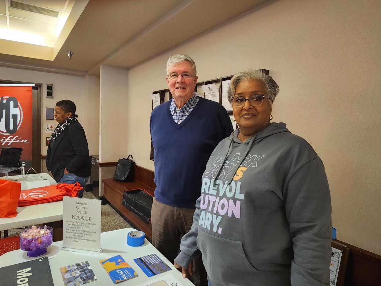 Monroe County NAACP branch treasurer David Jones and membership chair Beverly Calendar-Anderson share information about their organization during the Black Market on Feb. 17, 2024.