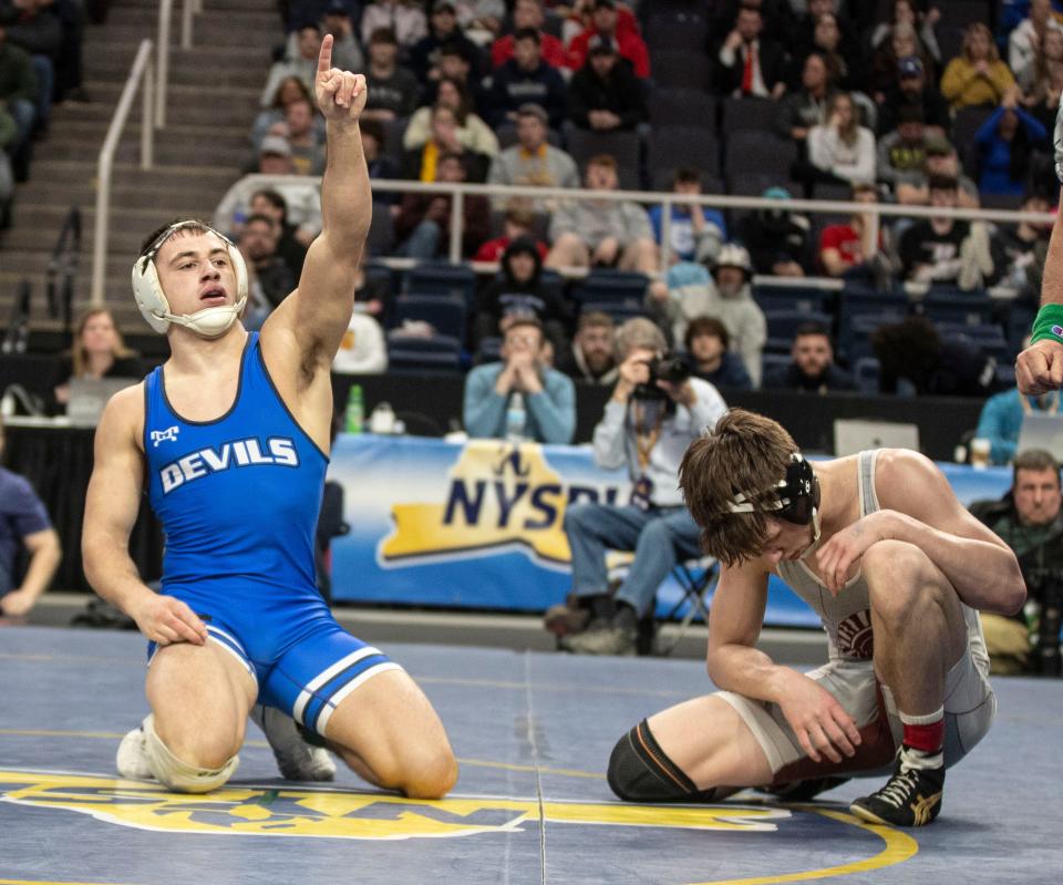 Casper Stewart (Attica-Batavia) defeated Kieran Cullen (Greenville) to win the Division II 145 pound championship during the NYSPHSAA Wrestling Championships at the MVP Arena in Albany Feb. 24, 2024.