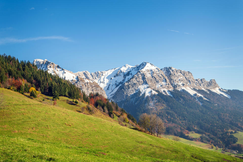 This is a  photo of the snowcapped mountain La Tournette around lake Annecy The mountains is part of the French Alps.